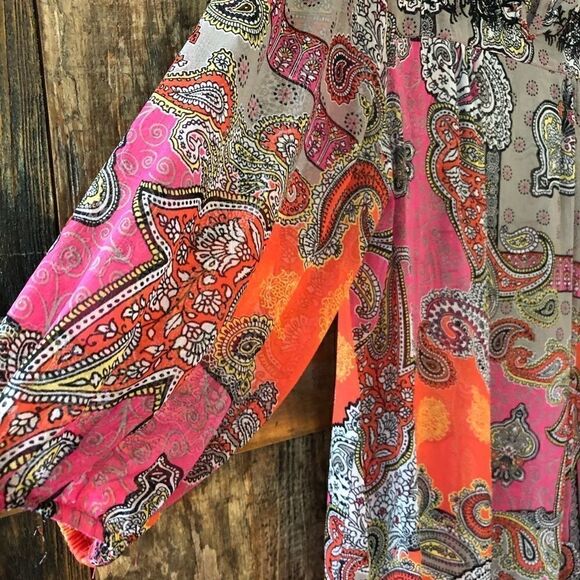 Style & Co. Sz M Sheer Orange Paisley Embroidered Lace Bohemian Blouse - Picture 7 of 7